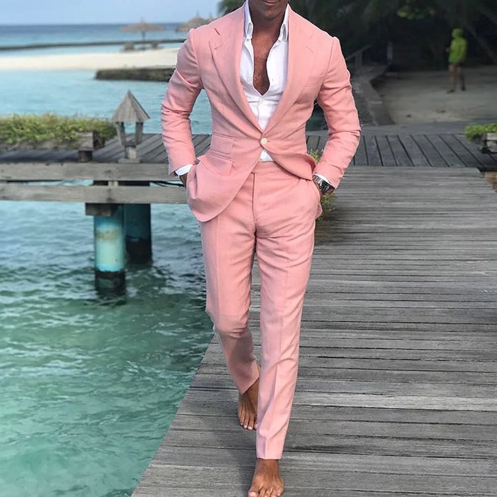 

Two-piece Dress Suit Men's Outfit Pink Long-sleeved Single Button Jacket With Trousers Casual Fashion 2021 Autumn New Suit Male