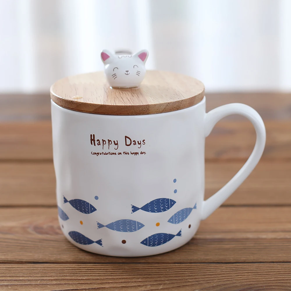 Japanese Style Coffee Mugs Creative Cartoon Cat and Fish Ceramic Cup With Spoon Lid Breakfast Water Milk Christmas Gift | Дом и сад