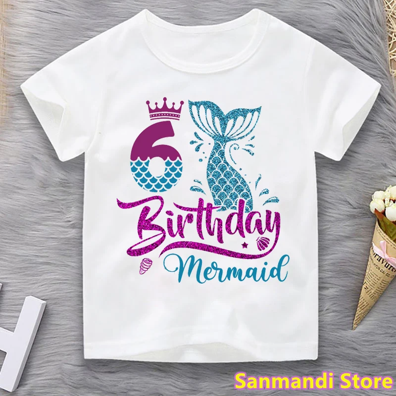 

6 Years Old Birthday Mermaid Graphic Print T-Shirt For Girls Children'S Clothing Funny Princess Tshirt Kawaii Kids Clothes Tops
