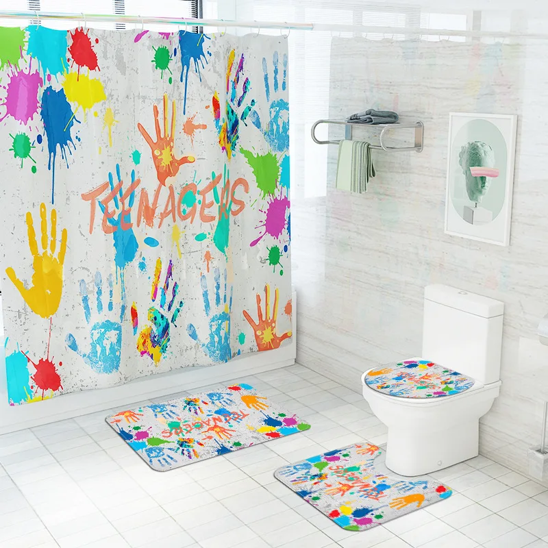 

Цветной коврик для ванной в современном стиле с принтом и водонепроницаемая занавеска для душа, ковер для ванной, фланелевый U-образный кове...
