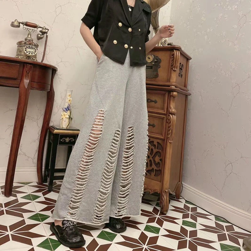 

2021 New black/gray long pants Ripped Hole High Waist Women Streetwear Sexy Gothic Hip Ho Pant Korean Summer Trouser Cotton Lady