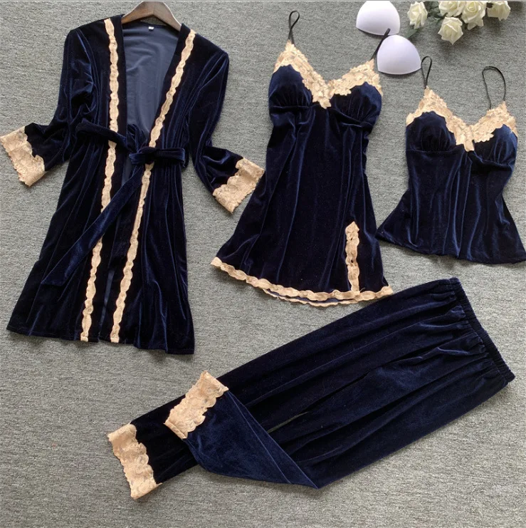 Lace Sexy Homewear Sleep Set Female Velour Long Sleeve Home Clothing Pajamas Suit Nightwear Pijamas Casual Sleepwear | Женская одежда