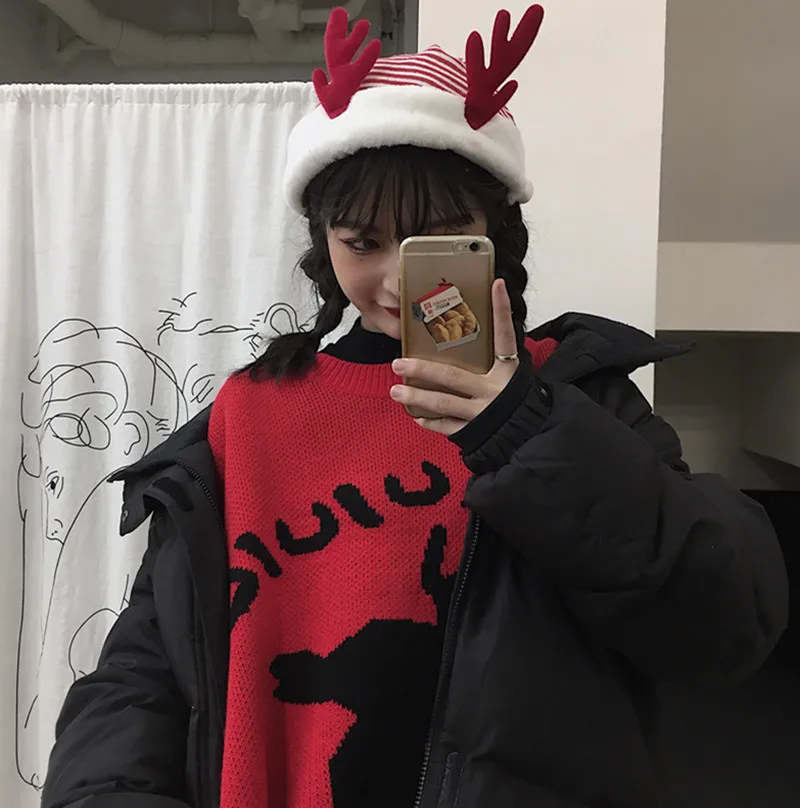 

Harajuku Christmas Animal Sweater Women'S Cute Deer Sweater Loose Round Neck Long Sleeve Sweater Cotton Autumn Sweater Female