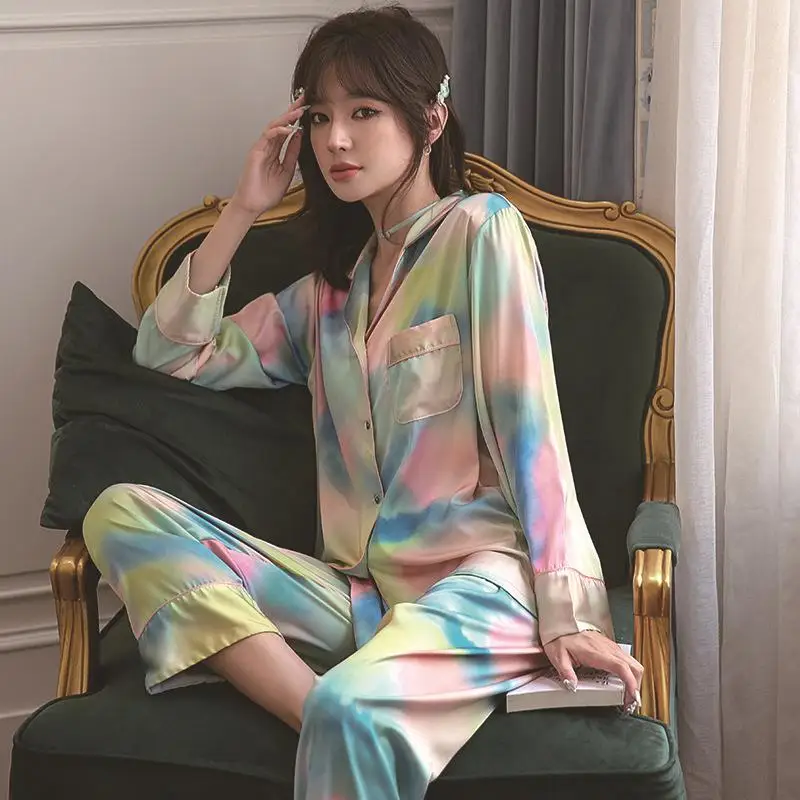 

2021 spring and autumn pajamas set fashion net red with the same colorful ice silk pajamas digital printing long-sleeved trouser