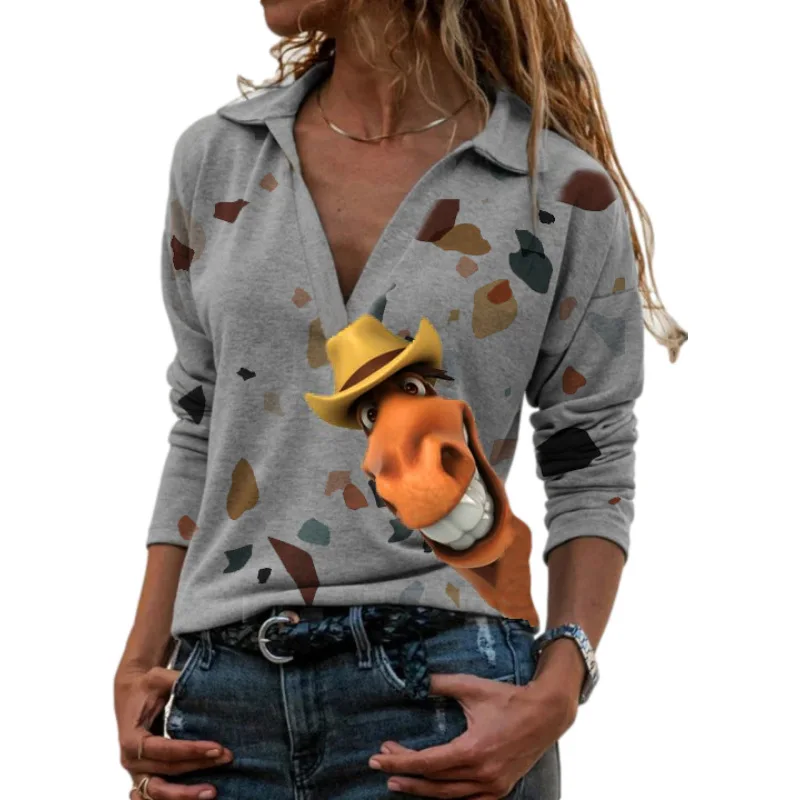 

Женская Повседневная футболка с забавным принтом лошадей, Свободный пуловер с V-образным вырезом и отложным воротником и принтом животных, ...