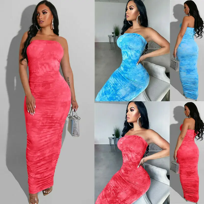 

Women Summer Tie Dye Strapless Bandeau Maxi Dress Cocktail Party Bodycon Dresses