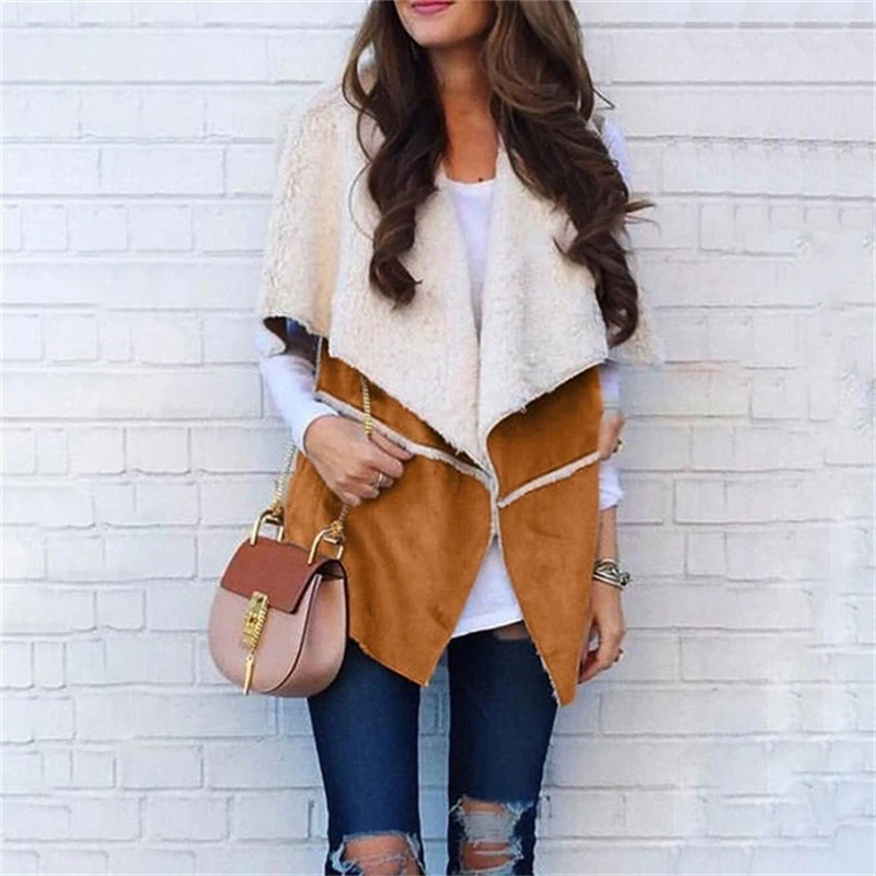 

Elegant Lapel Collar Warm Office Top Jacket Autumn Winter Loose Streetwear Cardigan Outwear Women Casual Inside Fleece Vest Coat