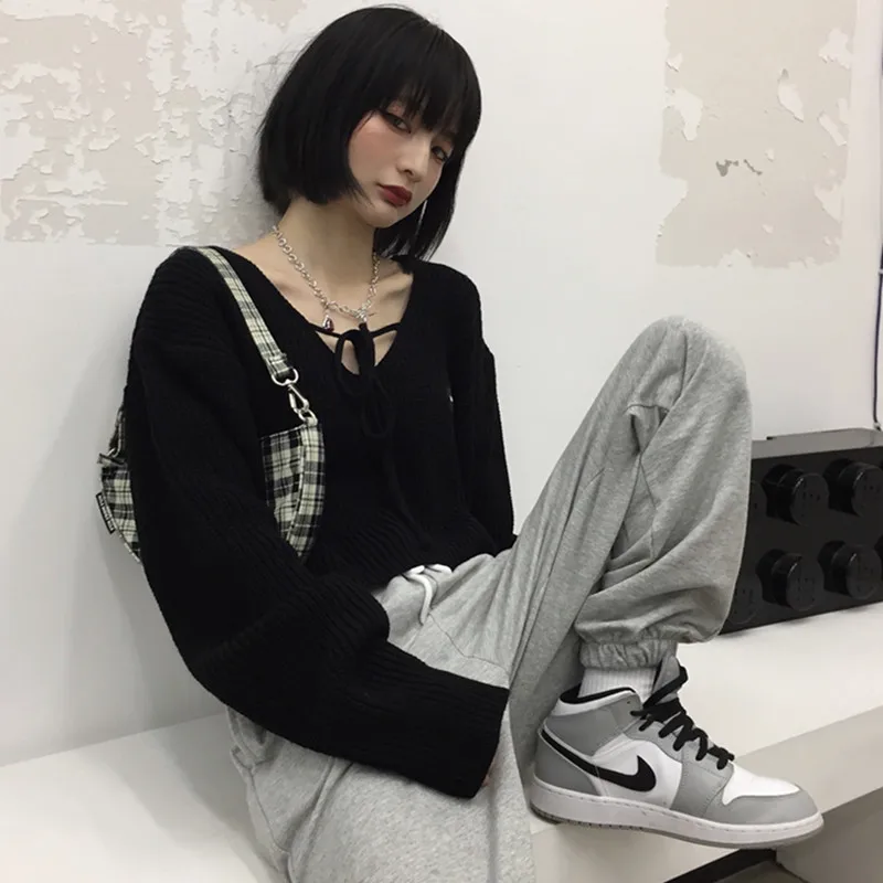 

New Lace Up Black Long Sleeve Crop Top Korean Fashion Causal Loose Solid Knitted Sweater Women Clothing Autumn Winter Pullover