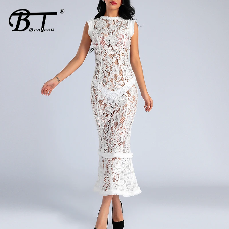 Женское кружевное платье макси Beateen розовое с длинными рукавами и цветочной