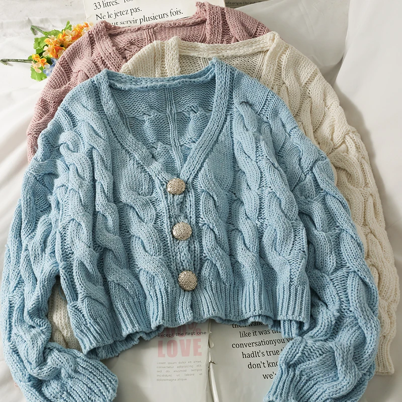 

Women Cropped Cardigan Knitted Sweater Long Sleeve V Neck Casual Blue Streetwear Pull Femme Y2k Tops Harajuku Button Up Clothing