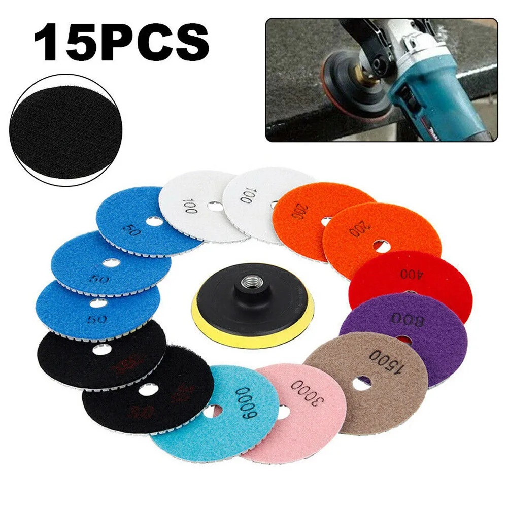 

15Pcs Diamond Polishing Pads Wet Dry 4Inch 100MM Set Kit Grinding Polishing For Granite Concrete Stone Glass Ceramics