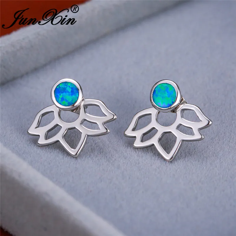 Silver Color Милые цветочные серьги-гвоздики в форме лотоса 925 серебро розовое золото; круг синий огонь опаловые серьги для женщин Свадьба Помолвка подарочный набор украшений для ушей - Окраска металла: Silver Color