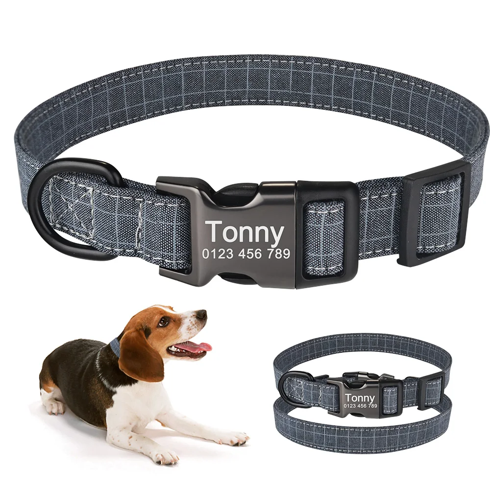 

Personalized Dog Collar Custom Engraved Puppy ID Name Tag Buckle Gray Collar S-L