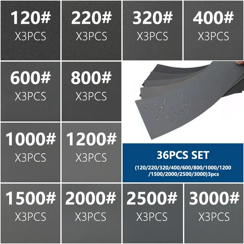 36 шт. Влажная и сухая наждачная бумага Смешанная зернистость 120-3000 автомобильная