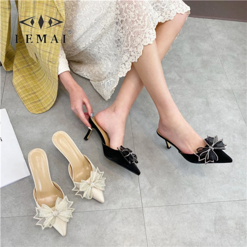 

Summer New Pointed Toe Women's Shoes Sandals Rhinestone High-Heel Women's Slippers Butterfly-knot Office Lady High-Heel Slippers