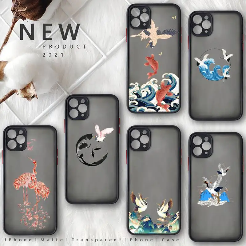 

Crane and Koi Chinese style Phone Case black matte transparent For iPhone 7 8 x xs xr 11 12 13 pro plus mini max Clear Funda