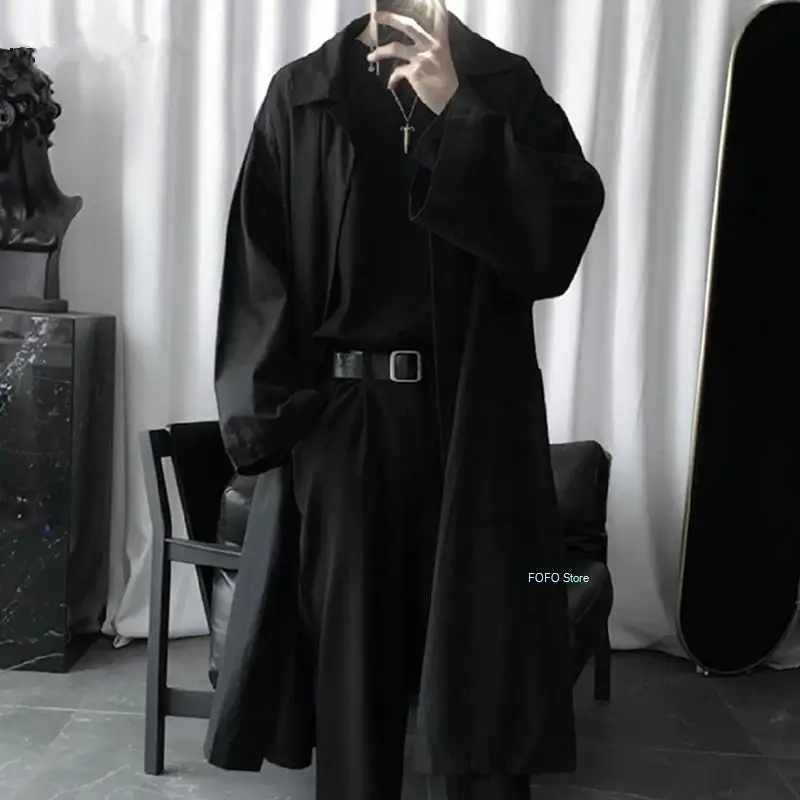 Gabardina negra larga de gran tamaño para hombre, abrigo holgado de manga larga, estética oscura Academia, moda sin botones, Otoño, 2022