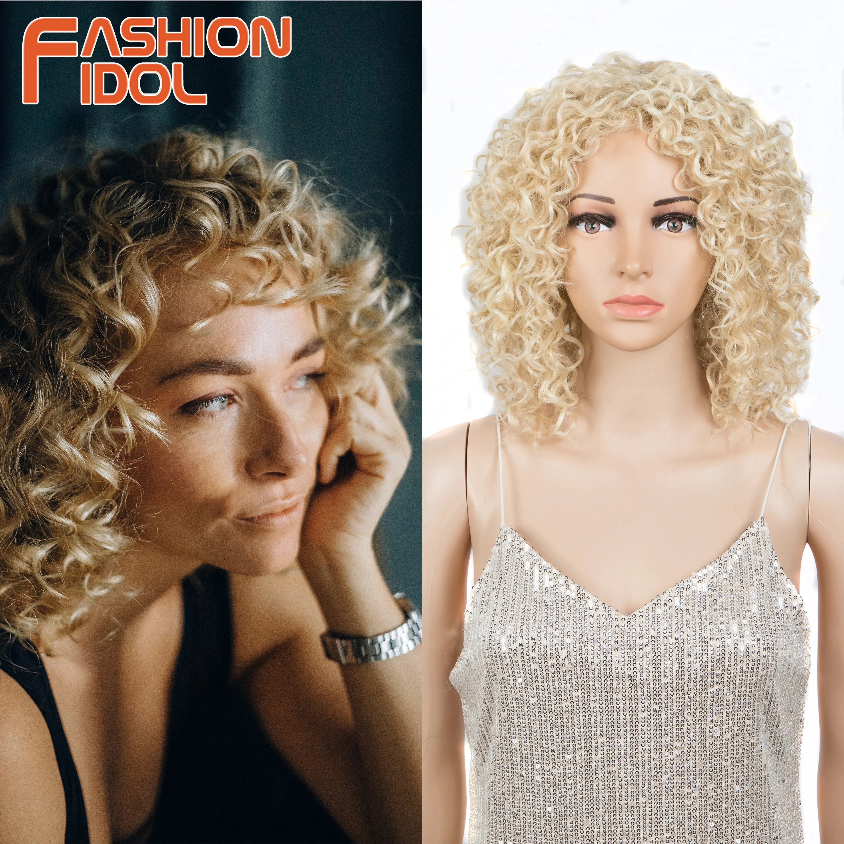 

Light Blonde Afro Kinky Curly Wig Middle Part Short Hair 12 Inches Wig African Cosplay Synthetic 613 Wig For Women FASHION IDOL