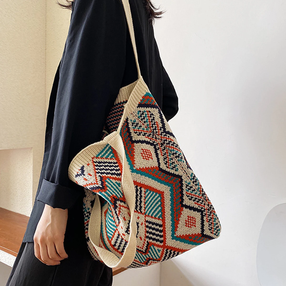 

Jastie Fashion Woven Women Bags Ethnic Style Geometric Pattern Large Capacity Tote Shoulder Bag Casual Beach Bag