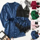 Женское весеннее кимоно из 3 предметов, халаты, Женская атласная шелковая банная рубашка, ночная рубашка, одежда для сна, кружевные майки, шорты, пижамный комплект, пижама