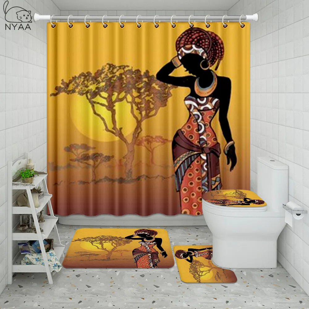 Kopen Nyaa Afro-amerikaanse Vrouwen Met Kroon Duurzaam Waterdicht Douchegordijn Set Met Afro Afrika Meisje Antislip Badkamer Mat Tapijten
