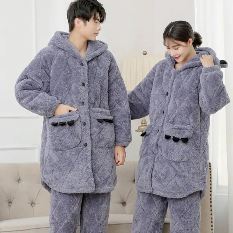 Lovers Autumn Winter New Thick Flannel Pajamas Set Coral Velvet Three Layers Cotton Warm Hooded Home Clothes Loose Casual Suit