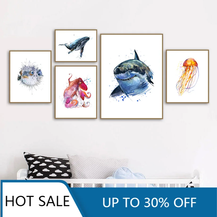 Кит Акула медуза осьминог дельфин рыба Скандинавская Настенная картина на