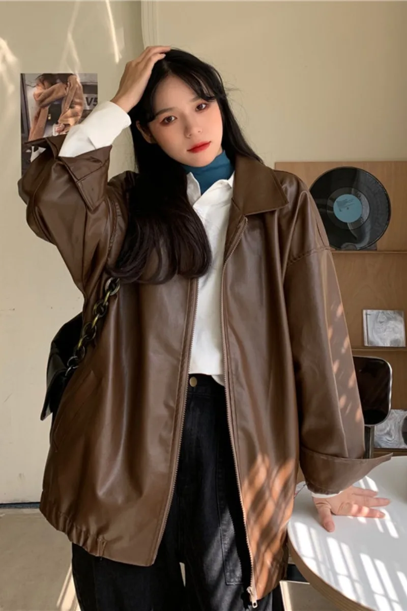 

Korean Version Bf Retro Loose Motorcycle Suit Pu Leather Coat Women's Autumn Chic Casual Long Sleeve Zipper Jacket