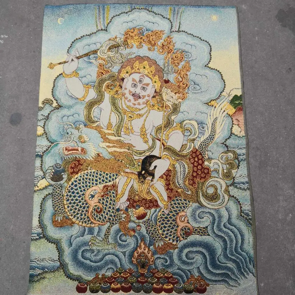 

35"Thangka Embroidery Tibetan Buddhism silk embroidery brocade Nepal White Wealth God Riding Dragon White Treasure King Thangka
