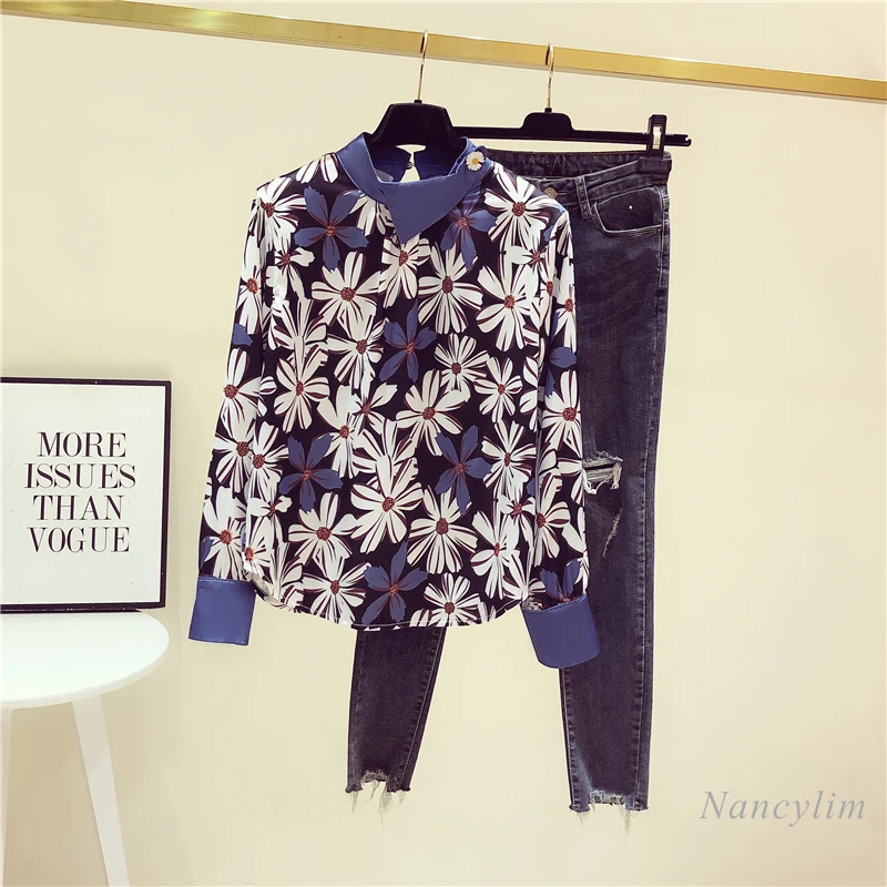 Grande Taille Chemises Femmes Vintage Imprimé Floral À Manches Longues En Mousseline De Soie Chemisier 2021 printemps Automne Nouveau Bureau Dame Portefeuille Chat