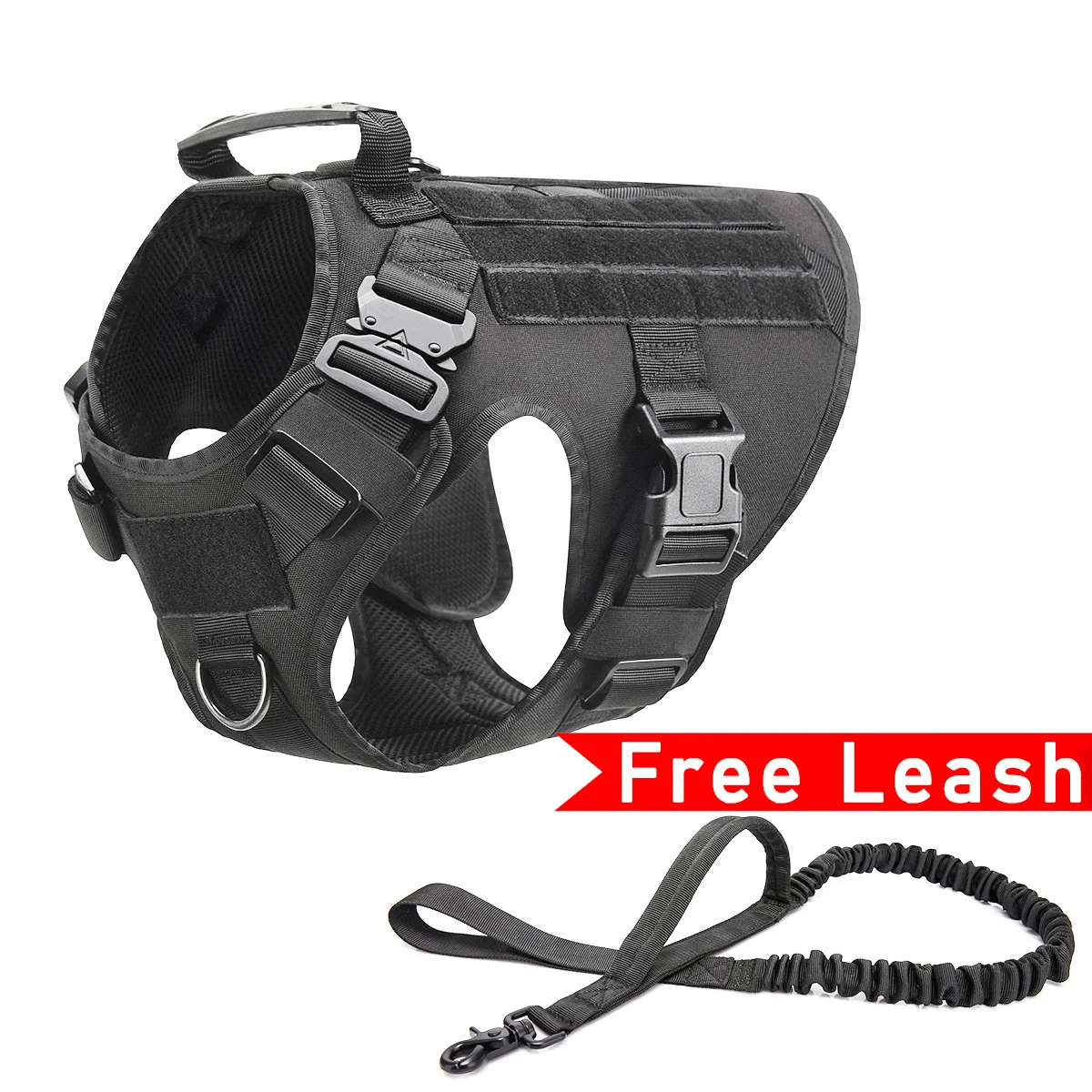

Tactical Dog Harness Vest Military Working Training Molle Vest Metal Buckles Loop Panels for Dogs with Free Bungee Leash