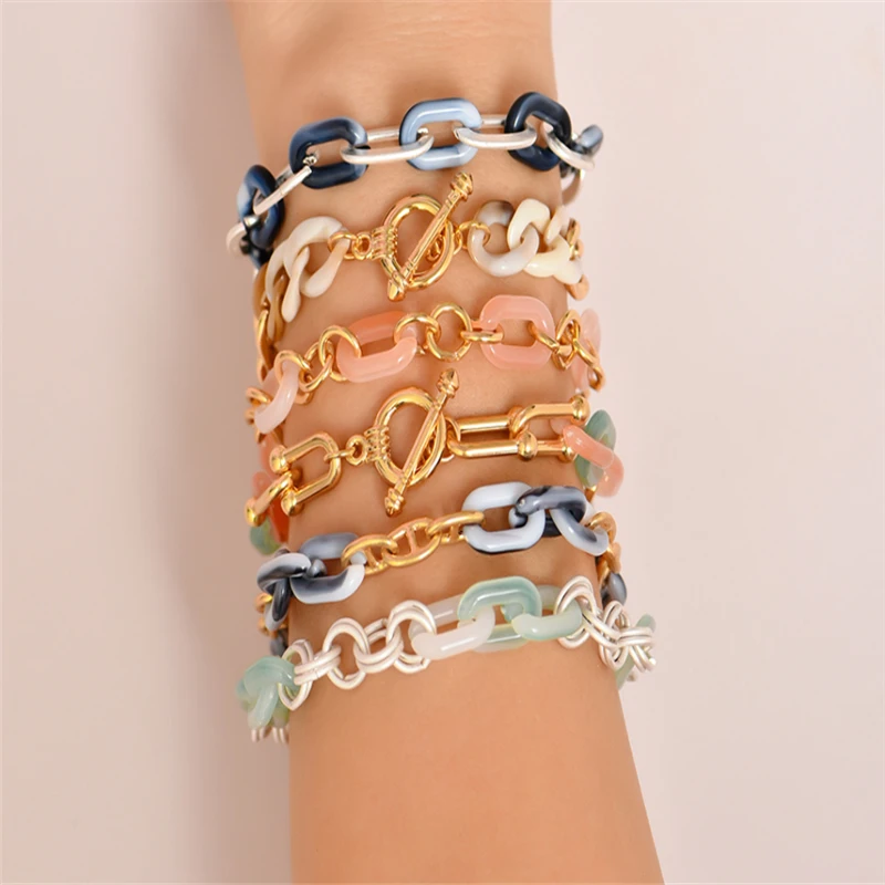 

KOJ Unique Design Acrylic&Metal Chain Bracelet For Women Silver Plated Thick Link Pop Charm Bracelets Pulseras Mujer For Party