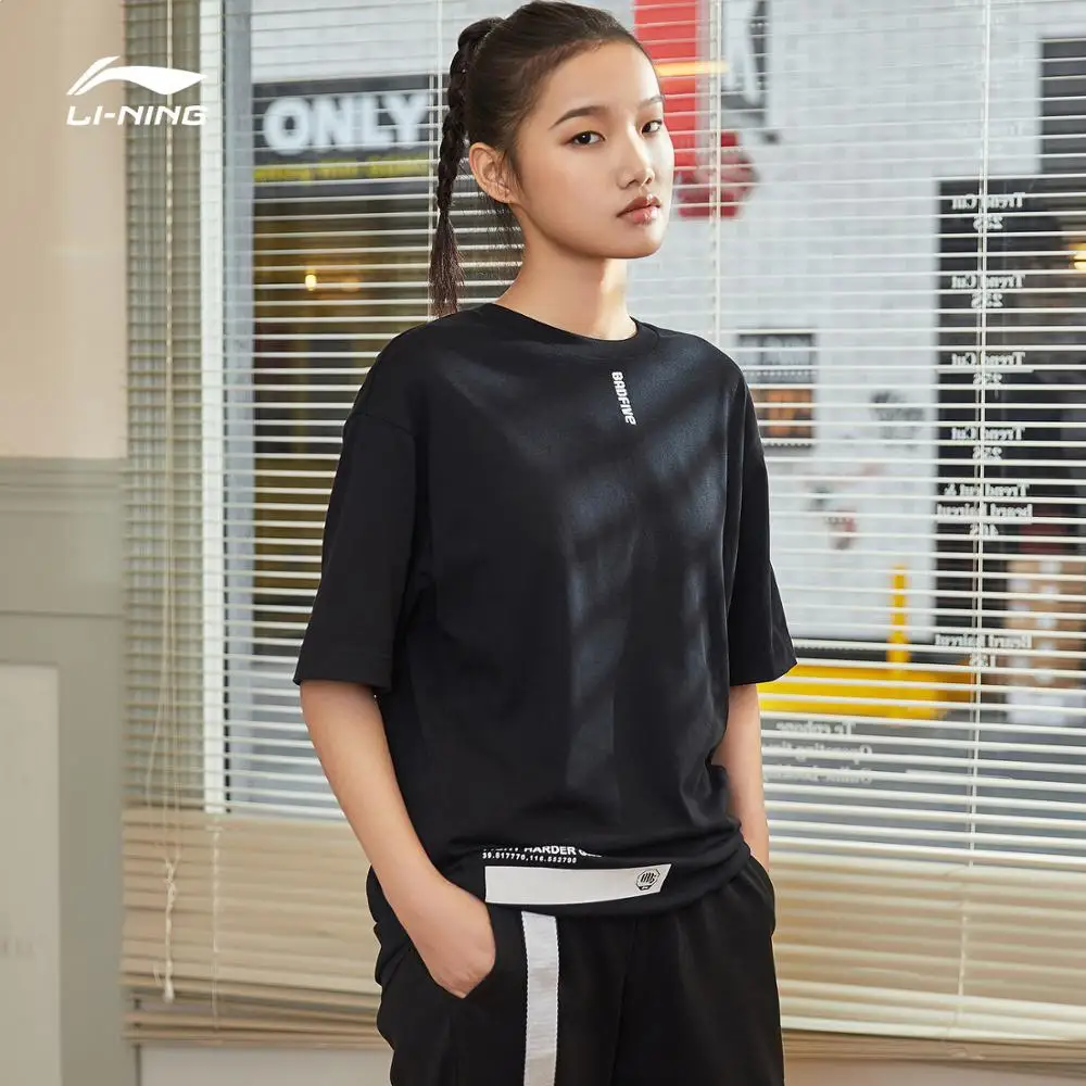 Женская дышащая футболка Li-Ning из 100% хлопка с баскетбольной серией BAD FIVE свободная