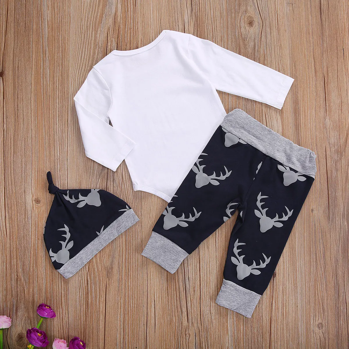 

Newborn Baby Clothes Set Christmas Letter Print Romper+Elk Pants+Hat 3pcs Round Collar Long Sleeve Cute Baby Boy Clothing