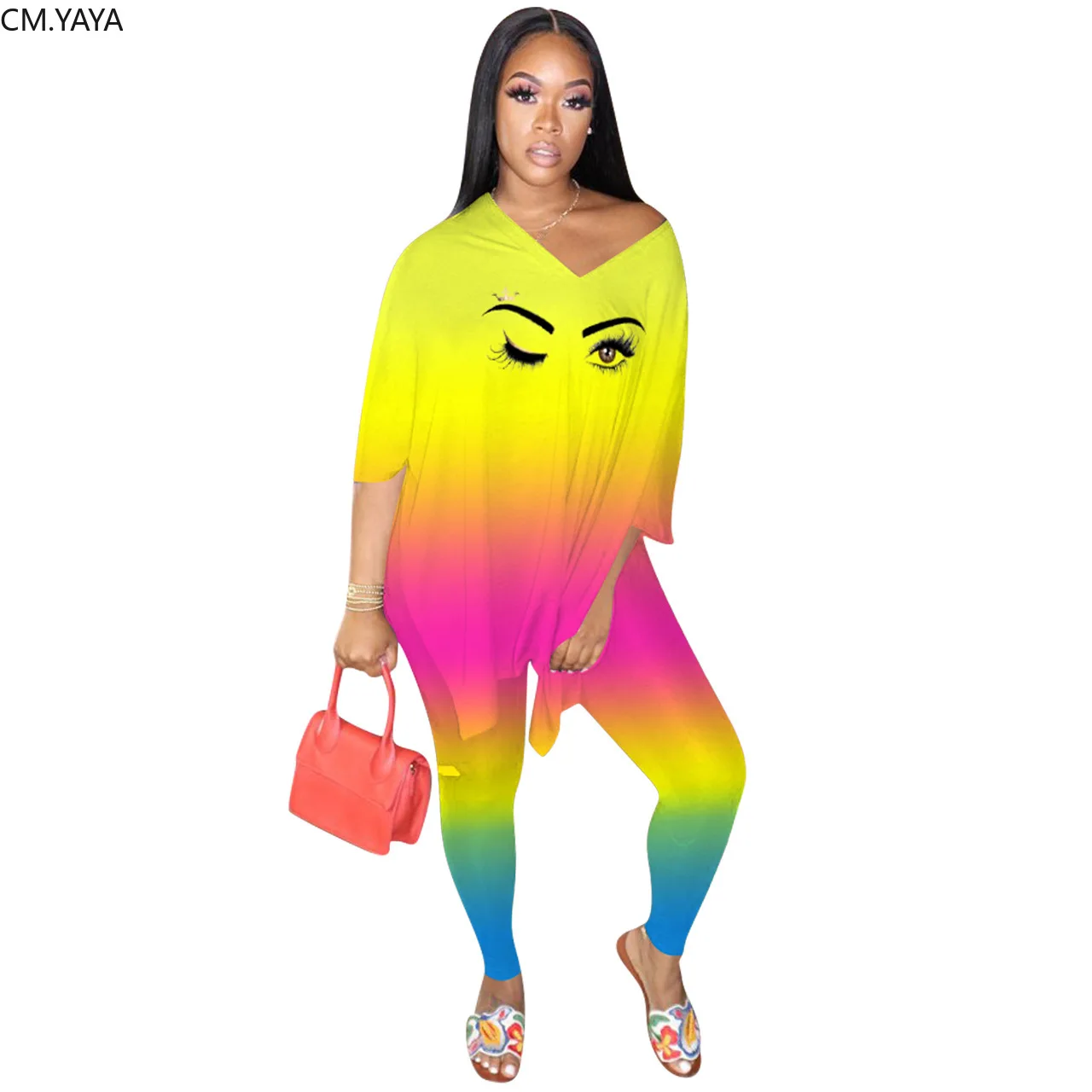 Женский костюм-двойка с градиентным принтом в виде лица CM.YAYA футболка рукавом