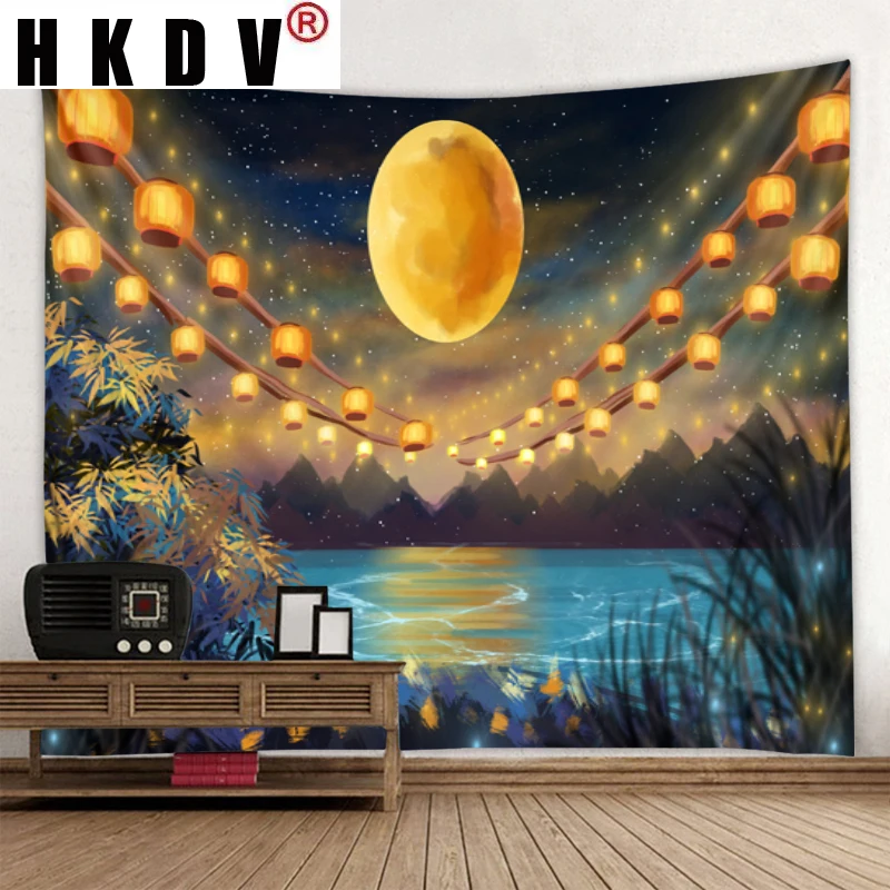 

HKDV Cartoon Moon Flower River Natural Landscape Tapestry Hanging Covering Rugs Background Cloth Beach Mat Blanket Art Home Deco