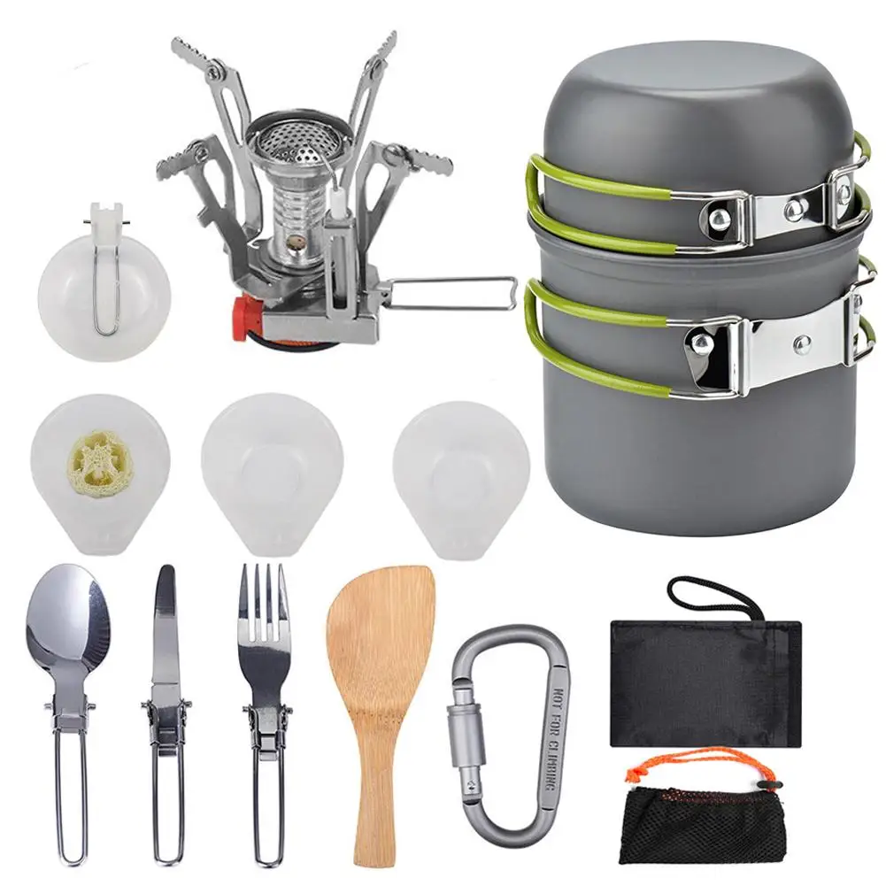 

Outdoor Hiking Camping Cookware Set 1-2 Persons Portable Cooking Tableware Picnic Pot Pans Bowls With Dinnerware Gas Stove