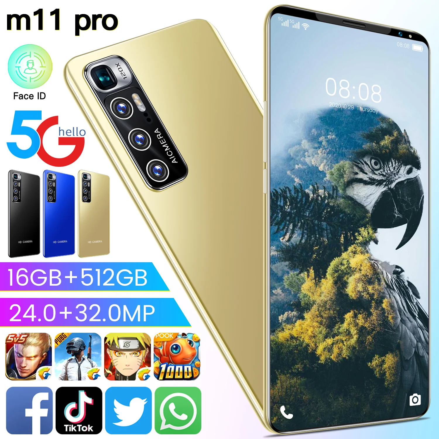 

M11 Pro 5.5inch Full Screen Smartphone 5G 6G+128G 24MP+32MP Face Fingerprint ID Android10.1 2021