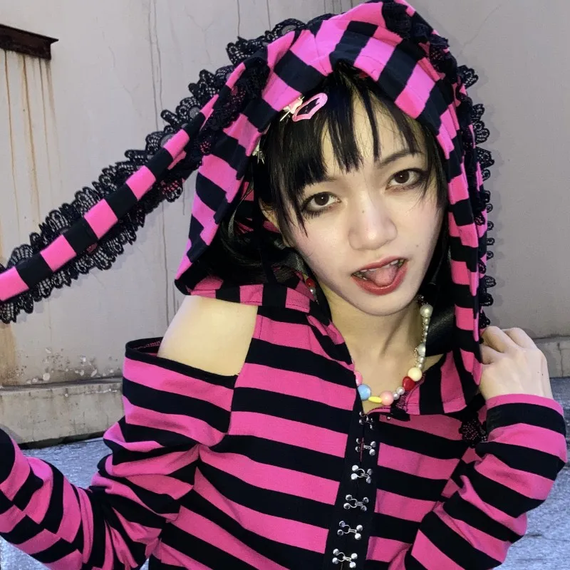 Pink Black Striped Hoodie 2022 Harajuku Hot Girl Pink T-shirts Japanese Sweet Print Long Sleeve Women Ears Hooded Gothic Punk