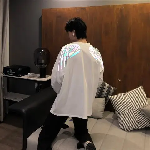 Long Sleeve White INS, хит, светоотражающая Футболка с принтом крыльев, Harajuku, мужская, женская, модная, Grilfriend, оверсайз, с коротким/длинным рукавом, одежда для пар, лучший подарок - Цвет: Long Sleeve White