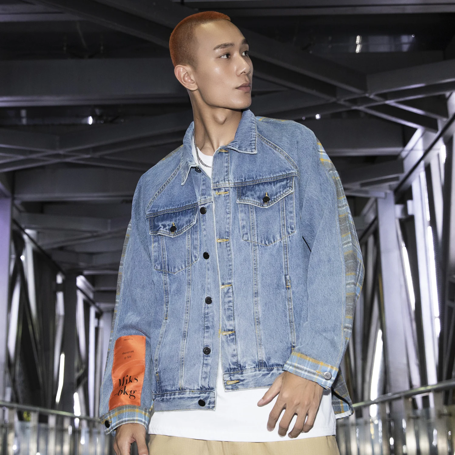 Мужская джинсовая куртка в стиле Харадзюку винтажная клетчатая составного кроя