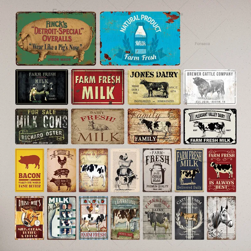 

Farm Tin Sign Milk Vintage Metal Sign Plaque Metal Vintage Farmhouse Wall Decor Cow Pig Retro Metal Signs(20x30cm)