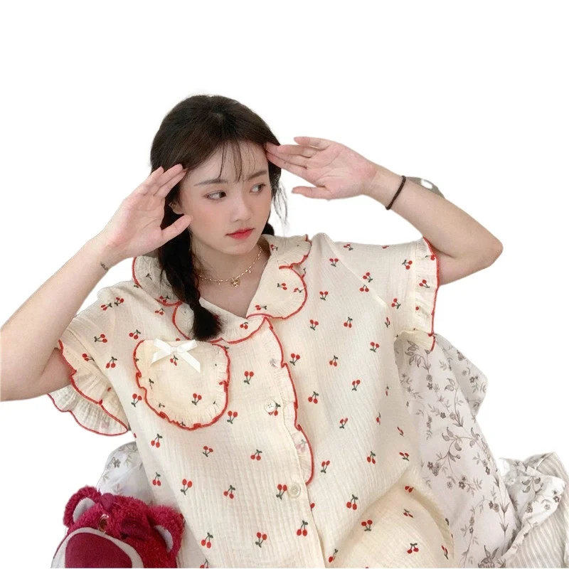 

Marple Summer Women Pajamas Set Ladies Shorts Set Sweet Ruffles short sleeve 100% Cotton Square Collar Homewear Lace Sleepwear