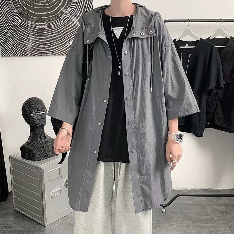 

Summer Thin Jacket Men's Fashion Solid Color Casual Hooded Jacket Men Streetwear Korean Style Loose Short-sleeved Long Coat Mens