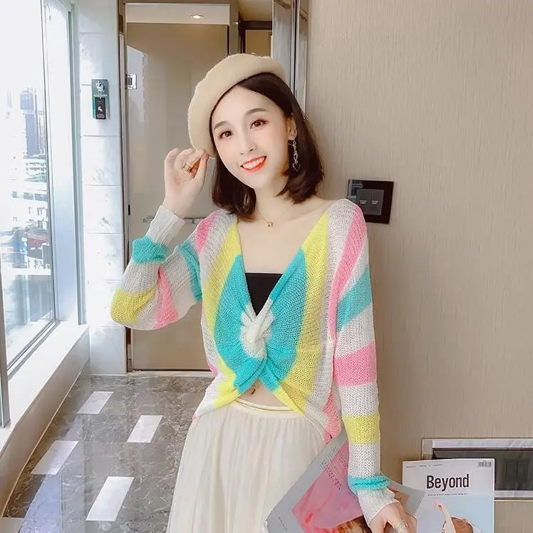 

New Fashion Girl Summer Knitted Sweater Cropped Pullovers V Neck Rainbow Striped Jacket Full Sleeve