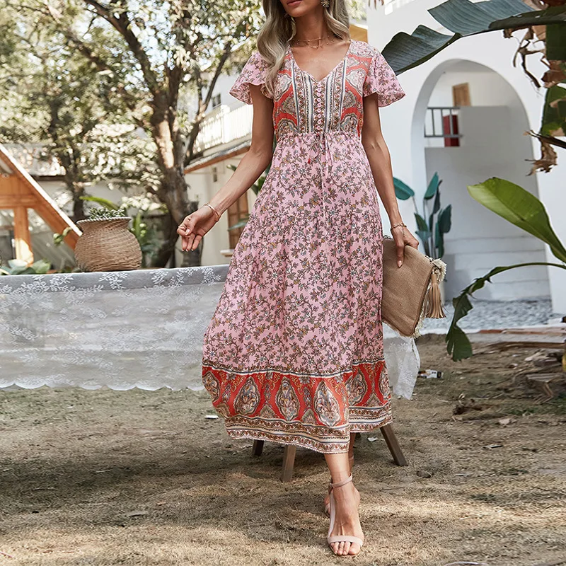 

Bohemian Floral Print Boho Dress Elegant V-neck Empire Long Frocks for Women Casual Ruffles Draw String Maxi Dresses for Women