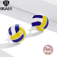 bisaer volleyball stud earrings 100 925 sterling silver enamel round earrings for women sports ball fashion jewelry ece902