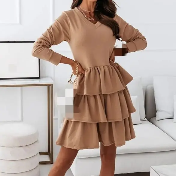 

Autumn Long Sleeve Women's Dress Puff V-neck Solid Black Female Mini Dresses 2021 New Streetwear Fashion Elegant Ladies Clothes