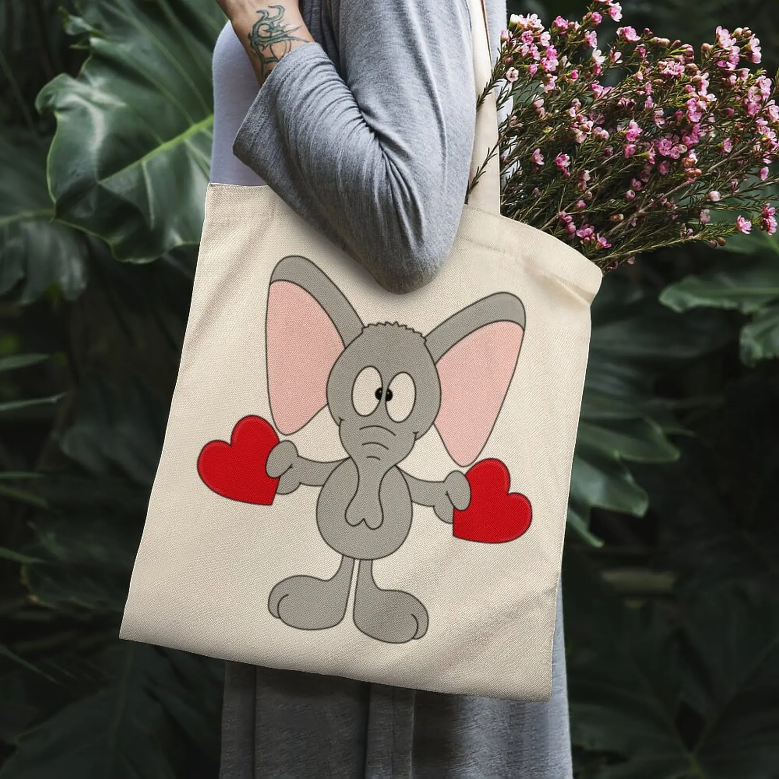 

Funny Elephant - Hearts - Love Eco-Friendly Tote Bag White Canvas Bag Punk School Teacher Supplies