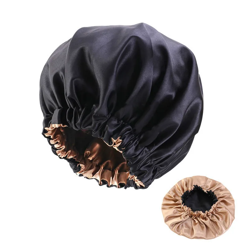 Шапка для сна Женская, двусторонняя, шелковая, черная, атласные шляпки